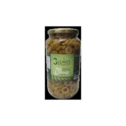 Picture of 3 LEAVES PITTED GREEN OLIVES 900GR